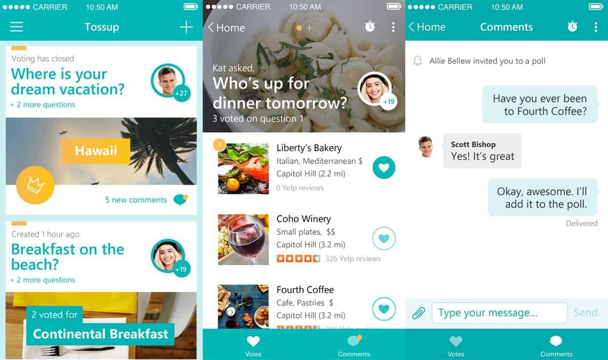 Tossup mobile app UI for organizing social events by Microsoft Garage