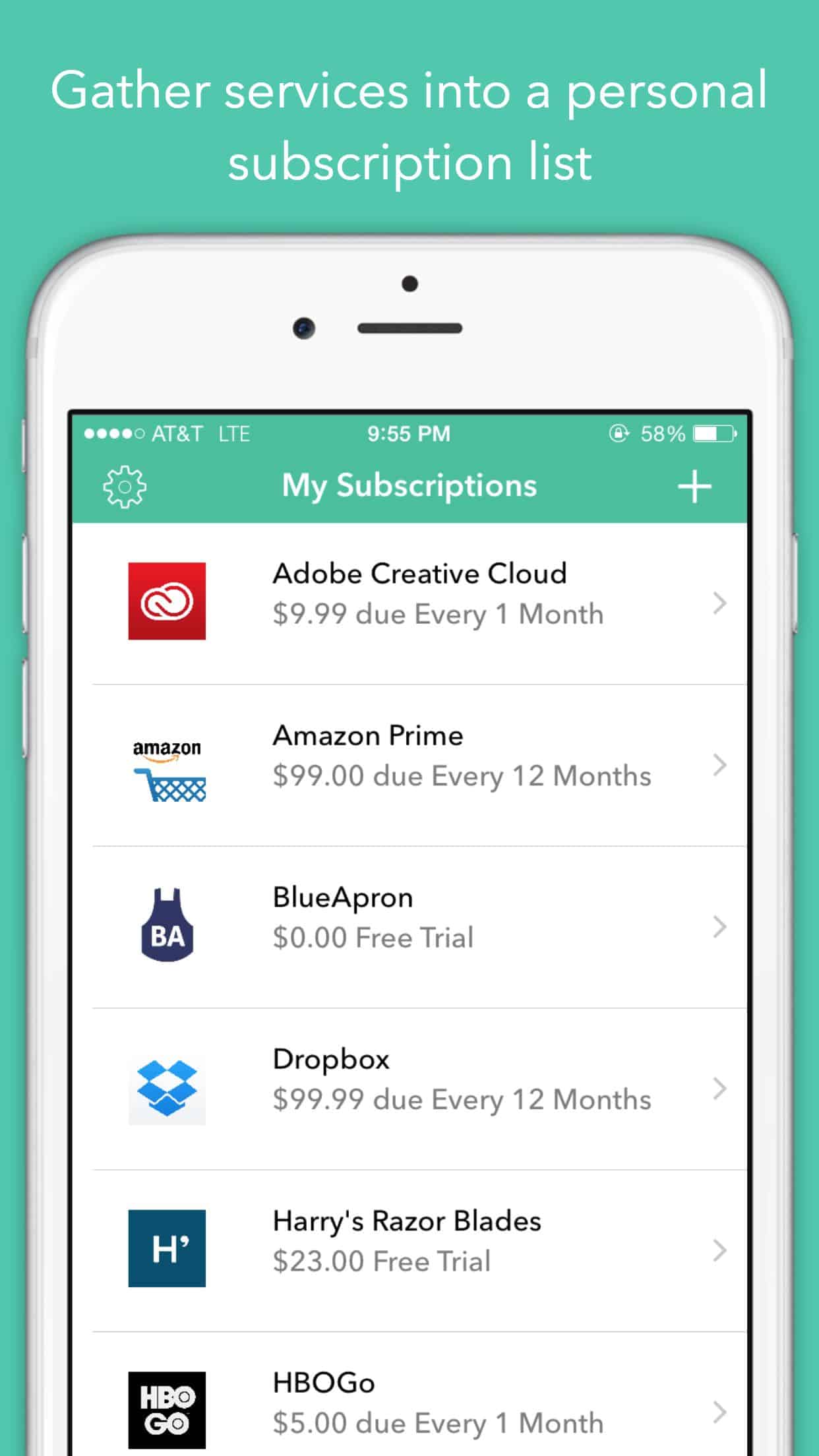 Mobile app UI of SubscriptMe presents your online subscription data in a pleasant layout