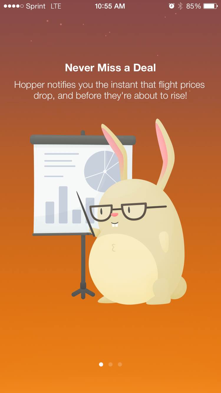 Mobile app UI Hopper's user onboarding screen with mascot bunny