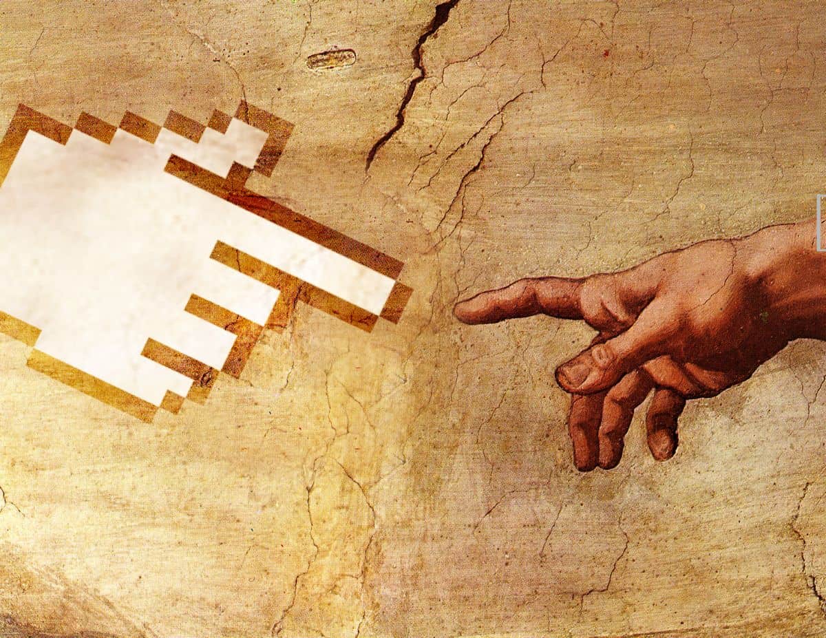 A parody of the Michelangelo painting “The Creation of Adam,” with a white hand-shaped cursor reaching out to touch Adam’s hand, symbolizing creativity in mobile app designs.