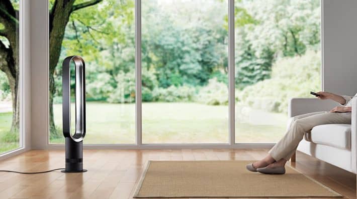 Photograph of Dyson Tower Fan in a living room directed at the couch.