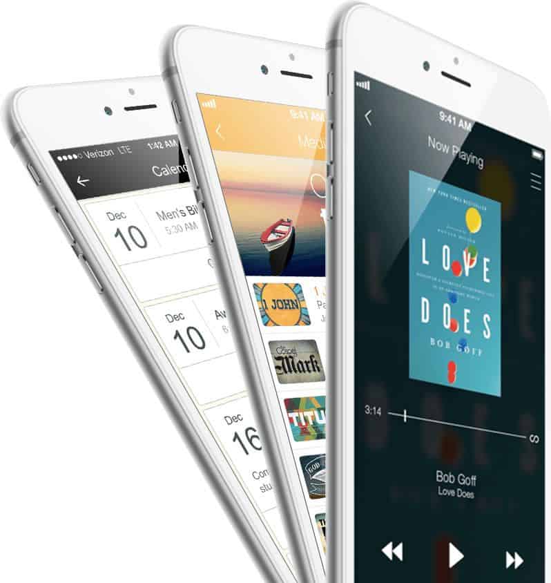 Three smartphones display different screens. One displays a calendar app, while the other two display media and music mobile apps.