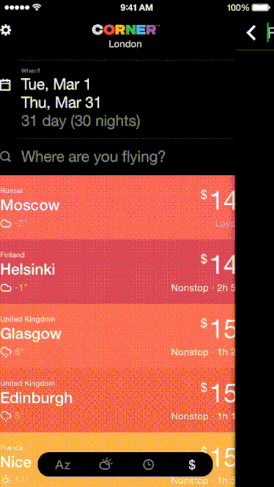Corner App helps you to search for flight deals with ease using great interaction designs 