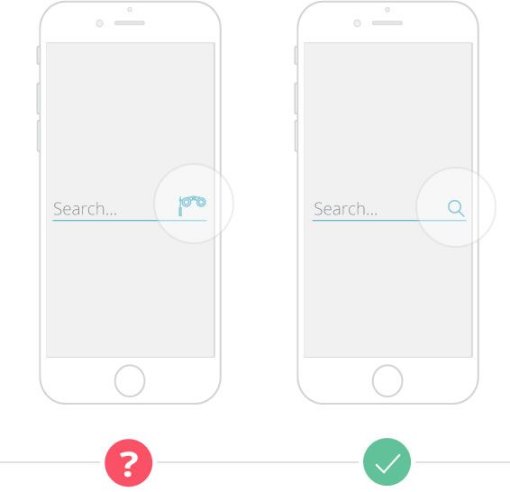 Mobile screen on the left showing a search view with unfamiliar icon and screen on the right showing same view with familiar mobile UI design and recognizable cues