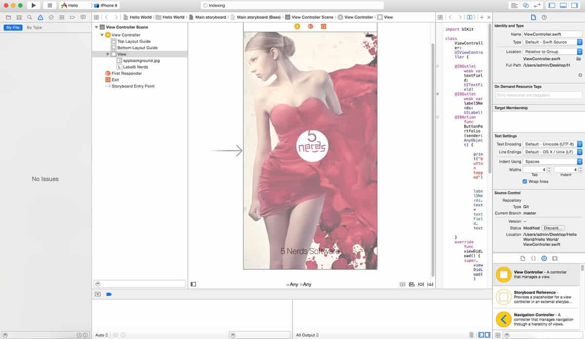 A code editor with a preview image of a screen displaying a model wearing a red dress against a backdrop of red paint. The 5 Nerds Development logo is superimposed on the screen.