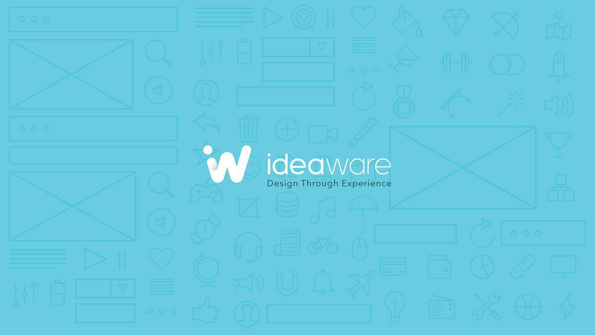 The Ideaware logo against a background of flat illustrated graphic design elements.