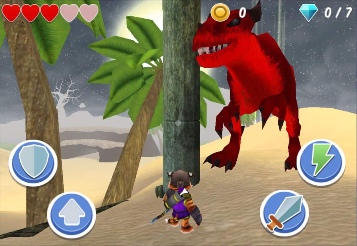 A screenshot from Treasure Dash, showing a small anthropomorphic tiger in a jungle setting being approached by a red dinosaur.