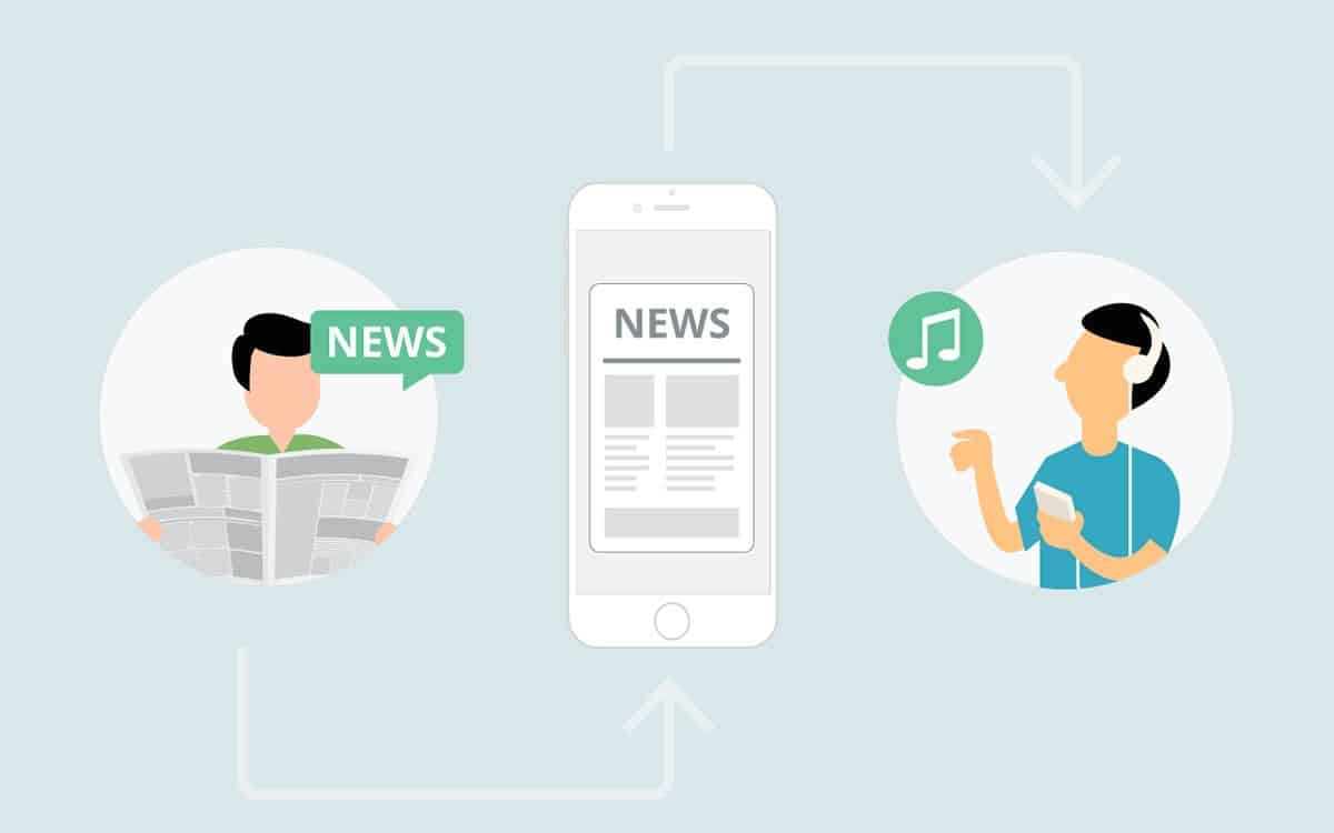 An illustration of a news app that reads out articles to users with visual impairment, also presenting a creative way to make a mobile UI design accessible.