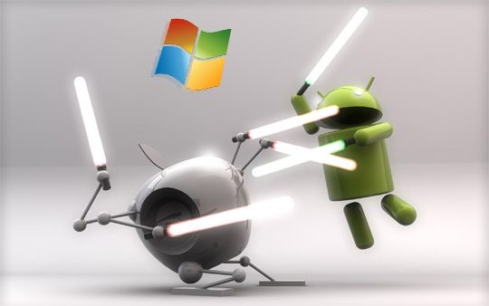 A 3D rendition of Apple’s logo and Android’s robot mascot engaged in a lightsaber battle with Windows logo hovering in the back.