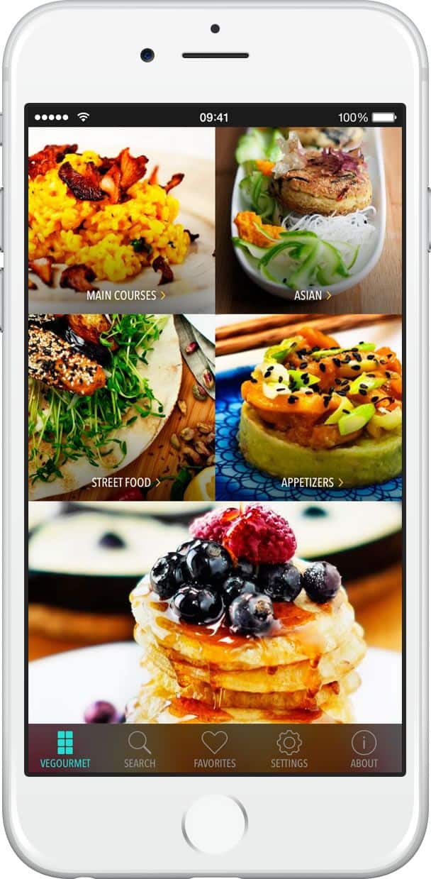 The vegan recipe app uses a grid style in the app design to present food categories