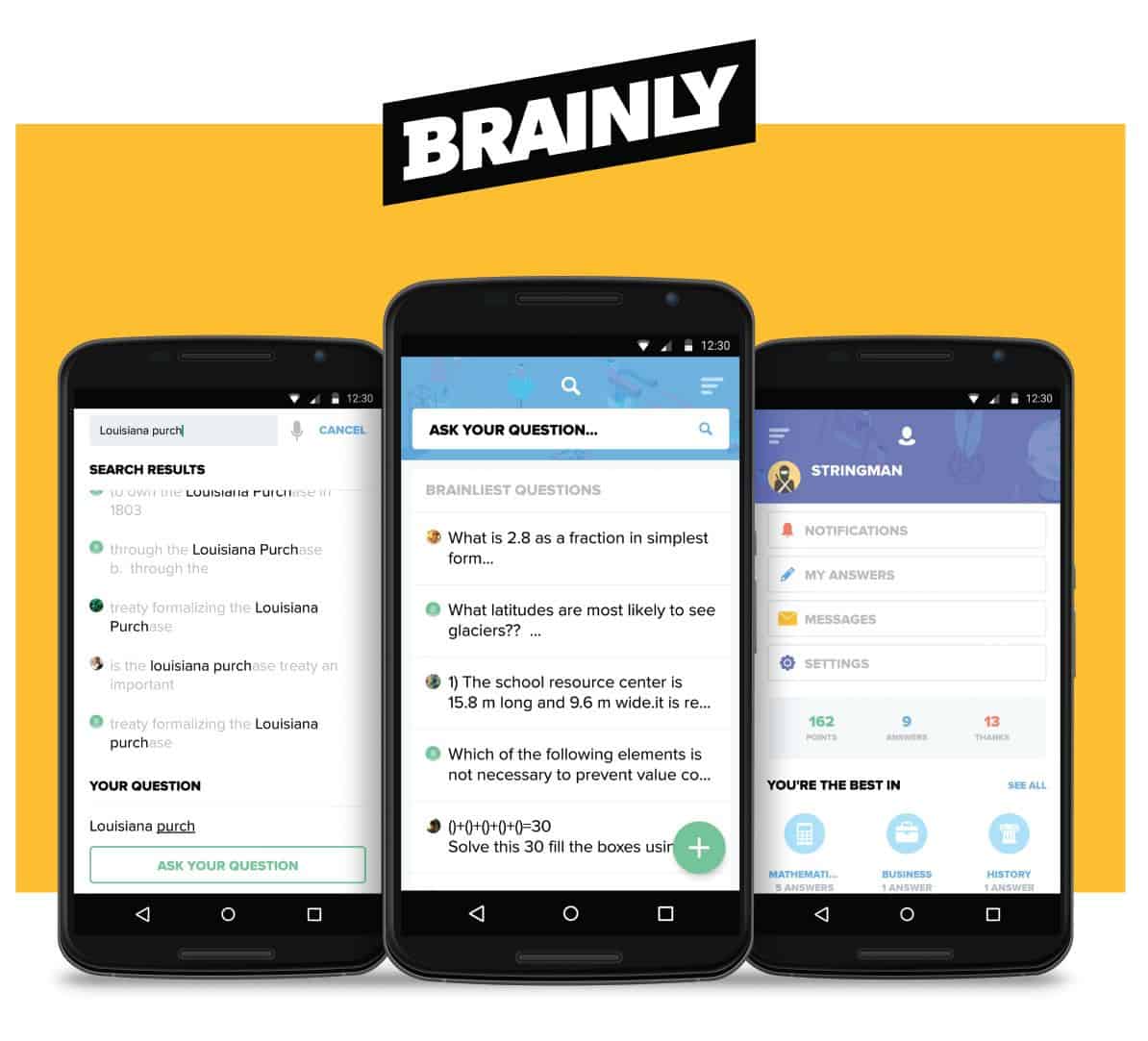 Screenshots of the Android app UI design of Brainly, a collaborative learning platform for students.