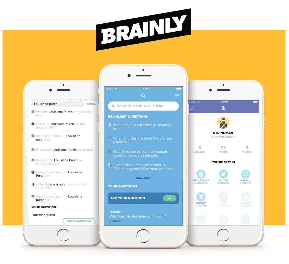 Screenshots of the iOS app UI design of Brainly, a collaborative learning platform for students.