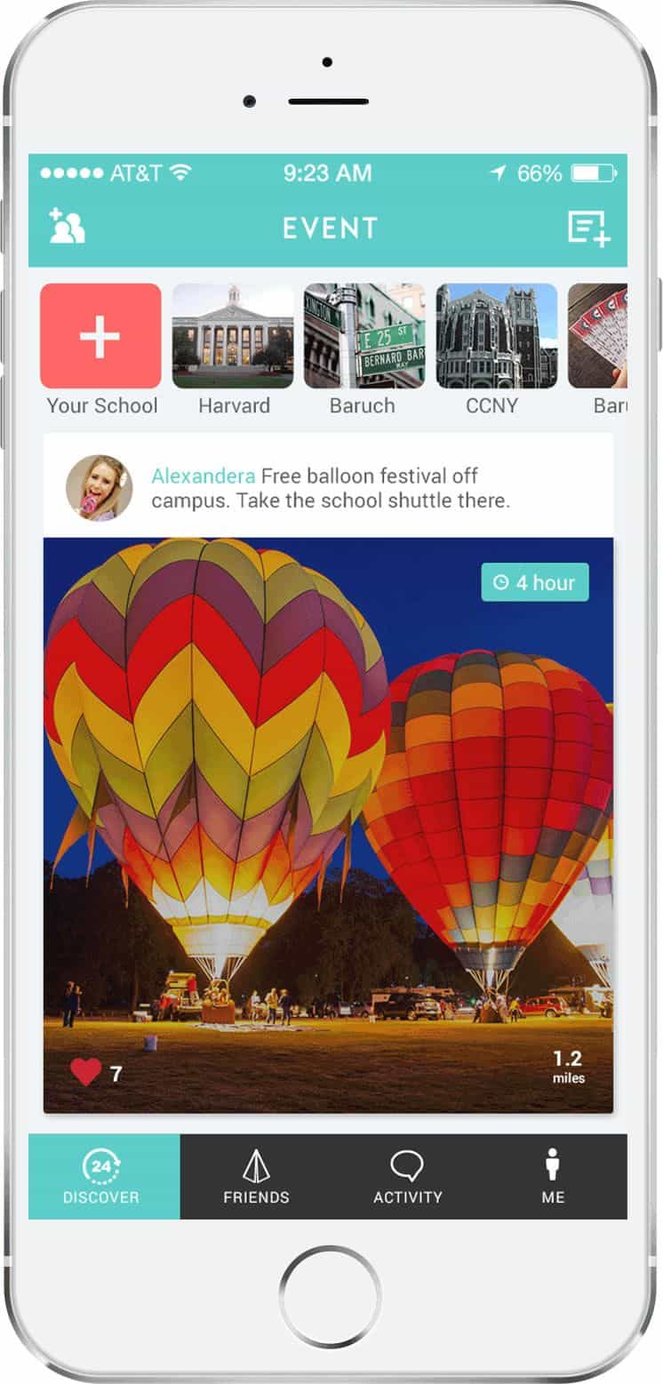 Screenshot of the fun-filled app UI design of Linute featuring a free balloon festival at an undefined campus