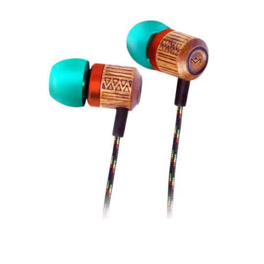 Angled view of tribal style Chant earbuds by House of Marley has an edgy look and feel