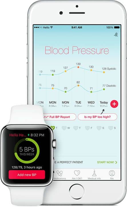 App UI Design of Hello Heart blood pressure management tracking app on iPhone 6 and Apple Watch