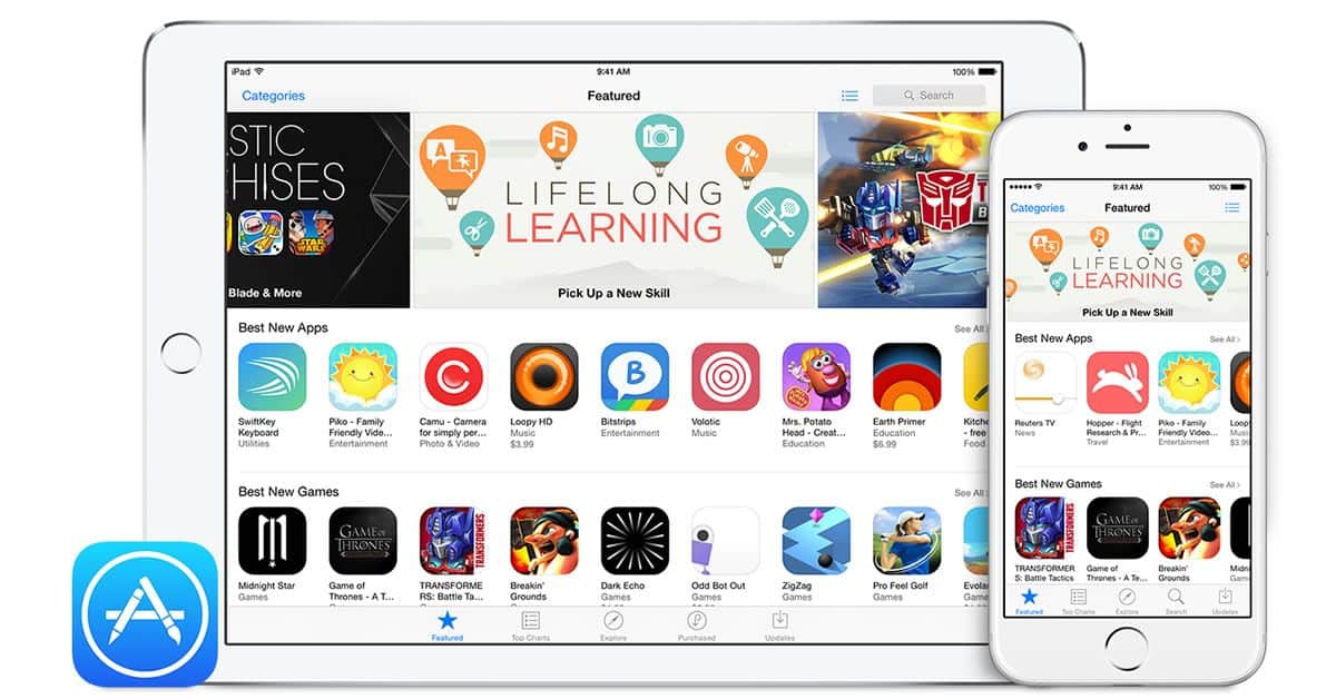 The Apple App Store home screen on an iPad and an iPhone, together with the Apple App Store logo.