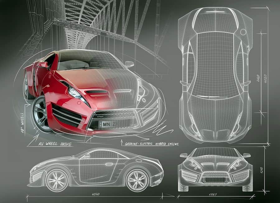 A blueprint of a red concept car displays the car from four different angles.