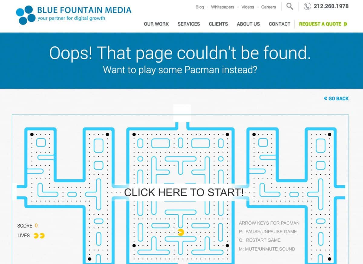 Creative 404 error page that allows users to play Pacman is a great way of turning negative emotions to positive ones.