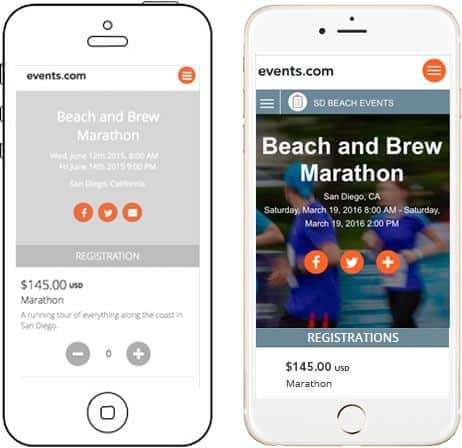 A digital prototype of the events.com mobile UI design, including two smartphone illustrations containing separate screenshots of the app.