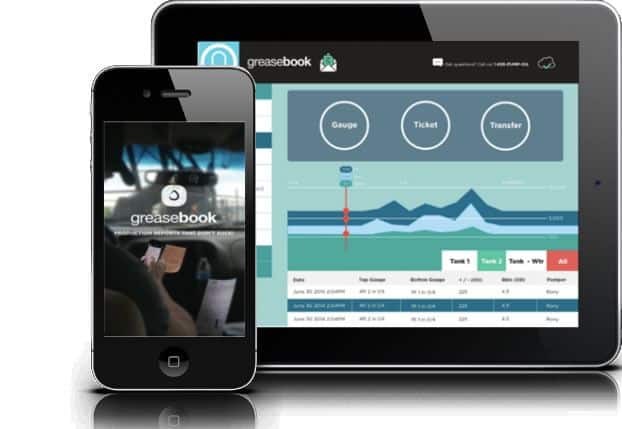 An illustration of a smartphone and a tablet displaying screenshots of GreaseBook, an app whose mobile UI design is tailored to the needs of the oil and gas industry.