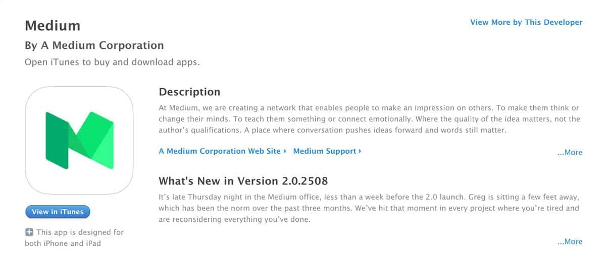 Screenshot of the Medium on the Apple App Store, showing how a good use of "above the fold" content in the app description.
