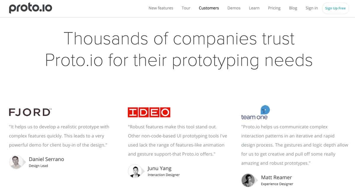 Screenshot of Proto.io website showing off customer testimonials from IDEO and Fjord.