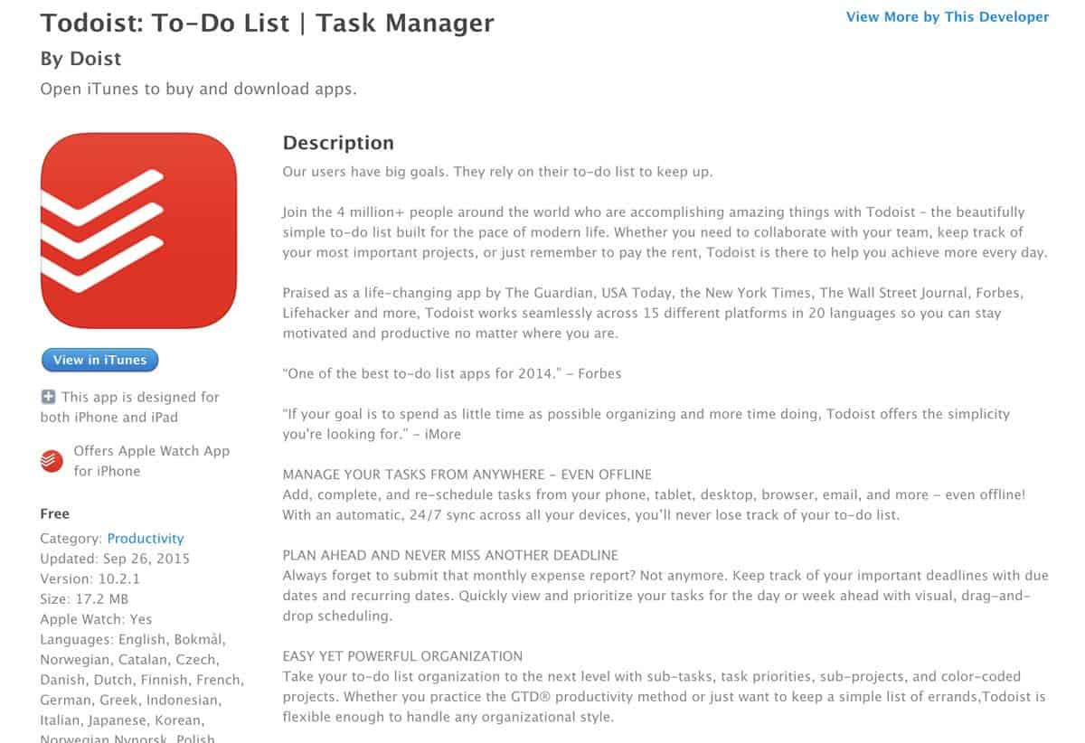 Screenshot of the well-written and great app description by Todoist on the Apple App Store