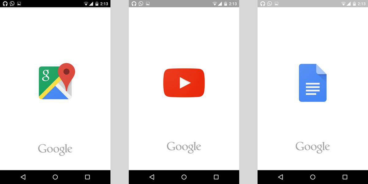 Screenshots of splash screens of three apps by Google. Maps, Youtube and Docs. But is it good Android UX design?