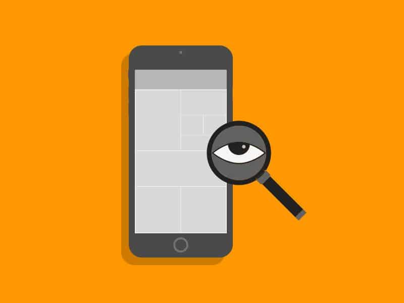 A magnifying glass with an eye going over a mobile app to figure out the problems that necessitate the app redesign.