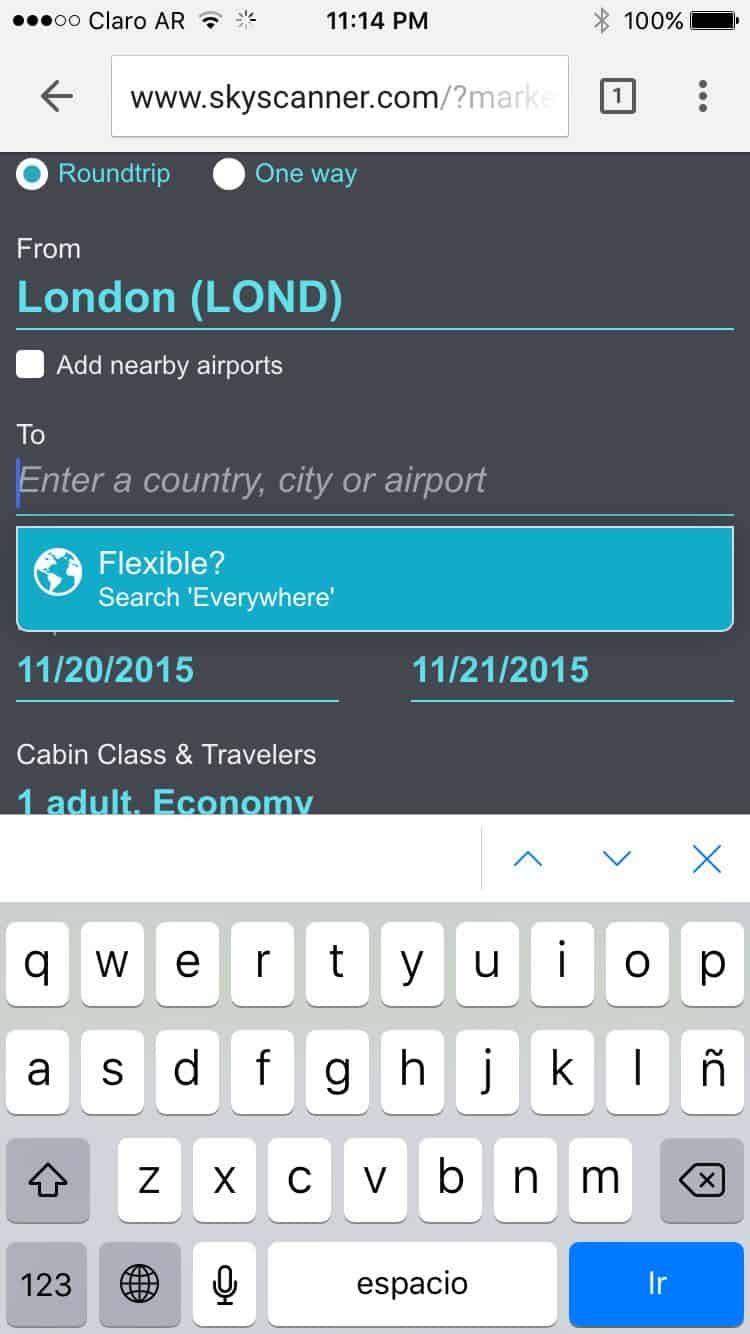 Skyscanner mobile website flight search form optimized to capture mobile user input