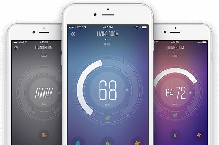 Three iPhones display screenshots from an iOS thermostat app.