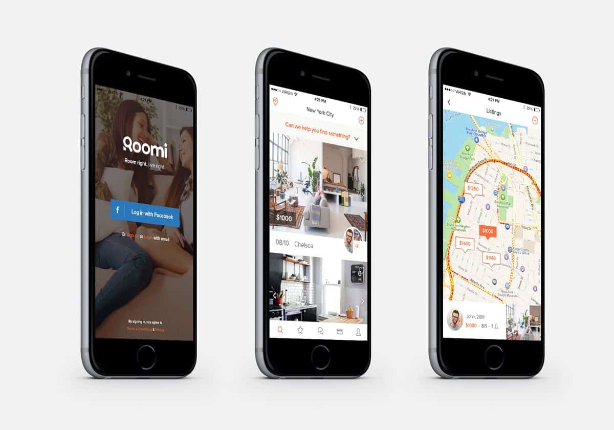 Three smartphones display three separate screenshots of the Roomi app, including the login page, a photo of an apartment and a map view.