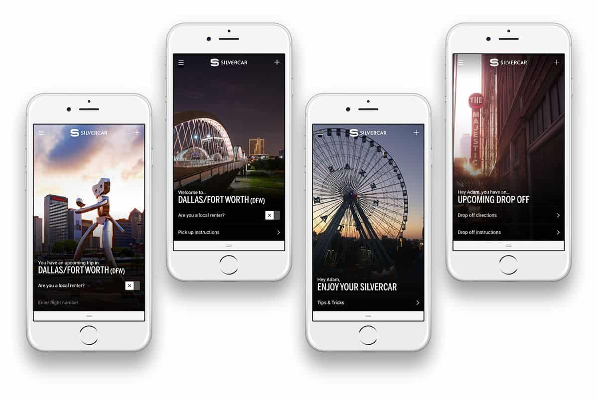 Four phone illustrations displaying images of a mobile app, with large photographs and sparse, but beautifully laid out copy.