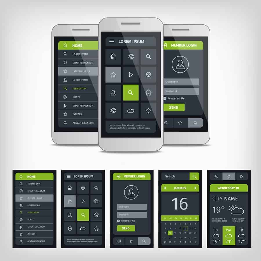 Three illustrated mobile phones display three screens of black, gray and green mobile app mockups while four additional screens sit under the illustrated devices.