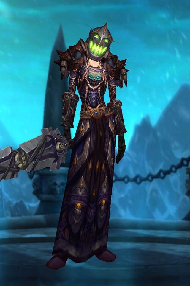 A screenshot of a Death Knight Blood Elf character screen from World of Warcraft.