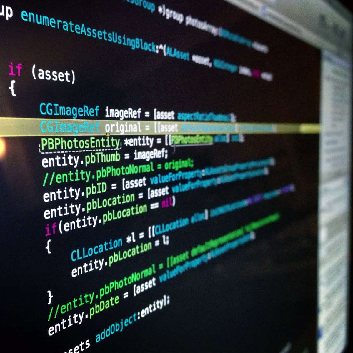 A photo of a color-coded advanced text editor, displaying code for a developer’s app.