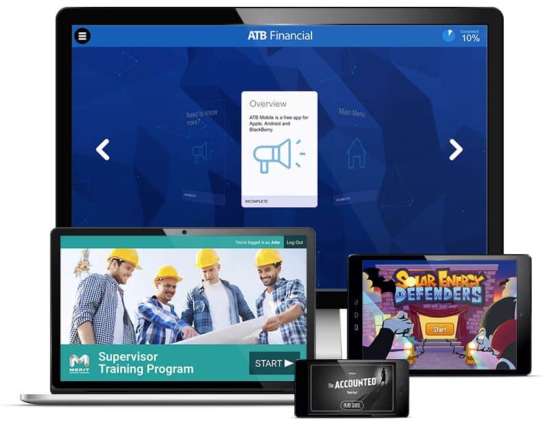 A variety of apps designed by Rocketfuel Productions displayed on four devices: a desktop computer, laptop, tablet and smartphone.