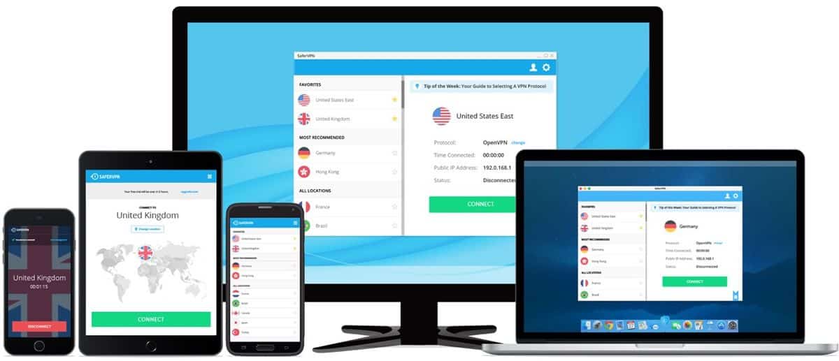The SaferVPN app displayed on five different devices, including a desktop screen, laptop, tablet and two smartphones.