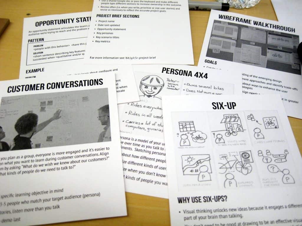 Worksheets detailing the processes that UX designers taking: customer conversation, user persona, six up, wireframe walkthrough.