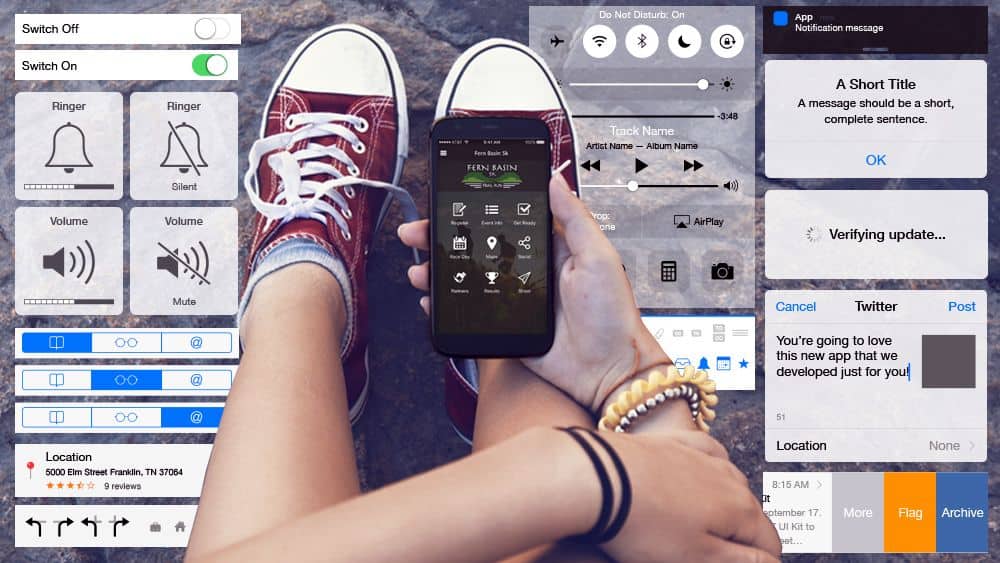 A photo of a woman holding her smartphone against her sneakers on a background of iOS design templates.