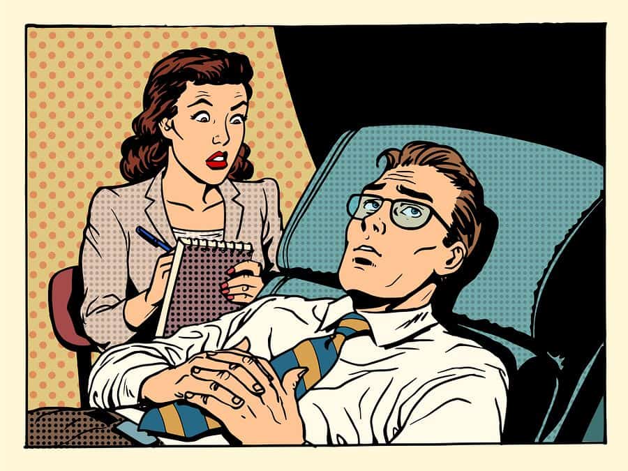 A comic book style illustration of a professional man on a therapist’s couch and his female psychologist, taking notes.