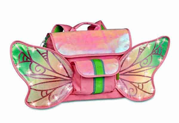 A photo of a pink and green Bixbee backpack with sparkling fairy wings.