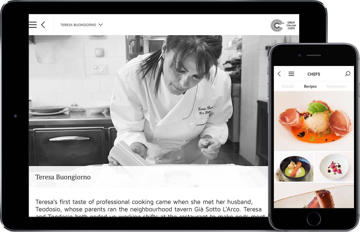 Screenshot of Great Italian Chef app UI design on iPad and iPhone.
