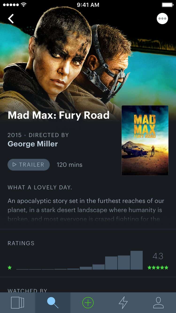 Screenshot of Letterboxd app UI design, featuring Mad Max: Fury Road movie information and poster.