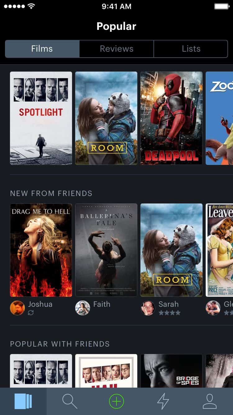 Screenshot of Letterboxd mobile app UI design showing list of recommended and popular movies from friends.