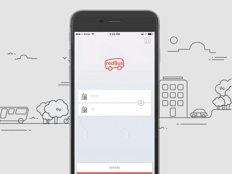 redBus app’s select departure and arrival city and date mobile animations.