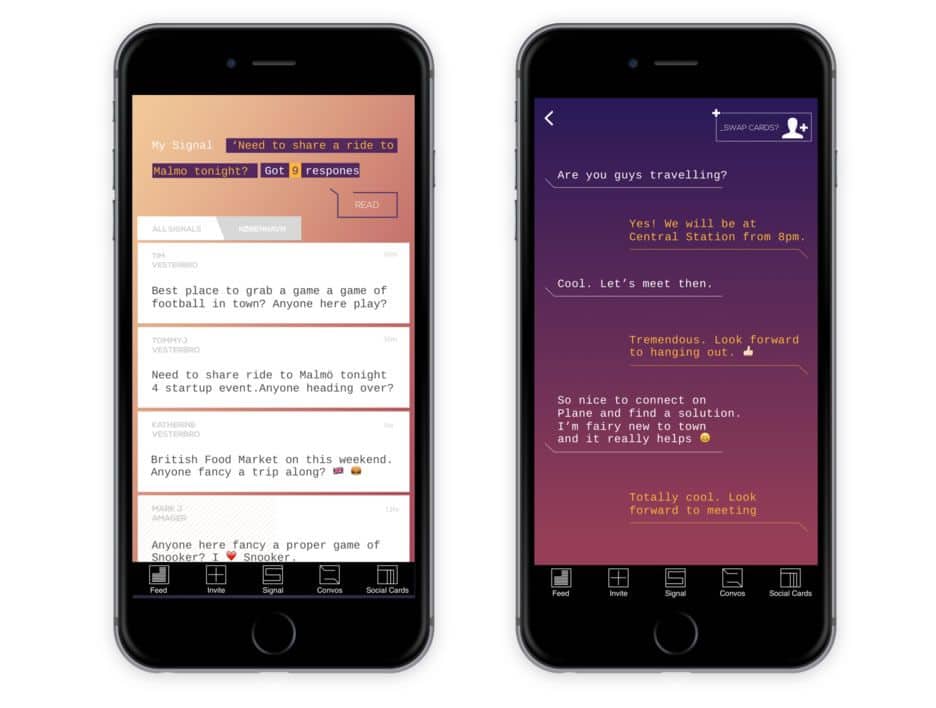 Two views from Plane social icebreaker app UI design shown on iPhone.