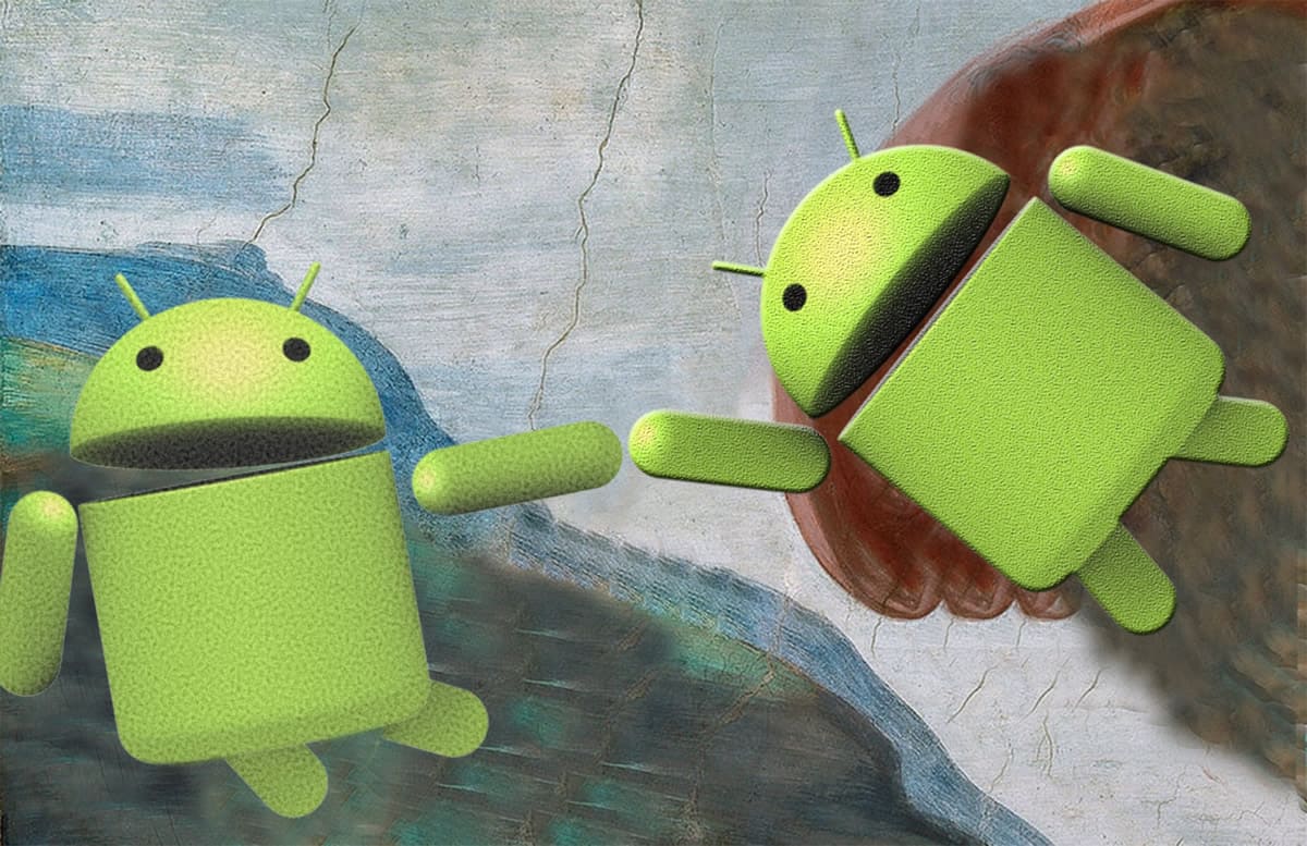 A parody of Michelangelo’s The Creation of Adam, but with one Android mascot reaching out to touch another Android.