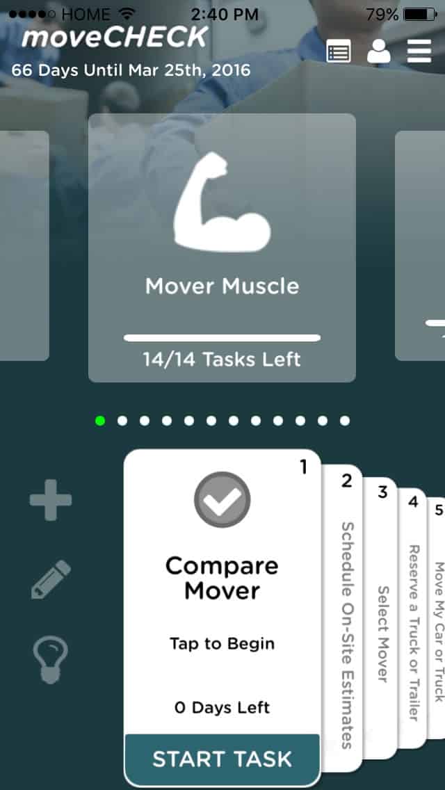 A screenshot from the moveCHECK app, which features a task-based user interface design.