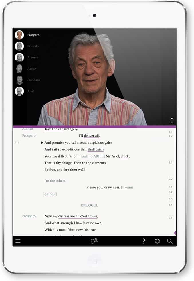 Screenshot of video view of Heuristic Shakespeare, The Tempest, app on an iPad, portrait mode.